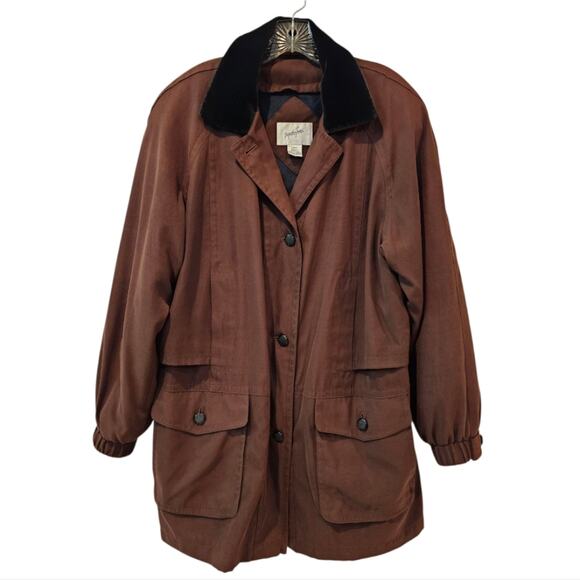 Jacqueline Ferrar Jackets & Blazers - Jacqueline Ferrar Button Up Mid Length Lined Coat Brown Velour Collar Large